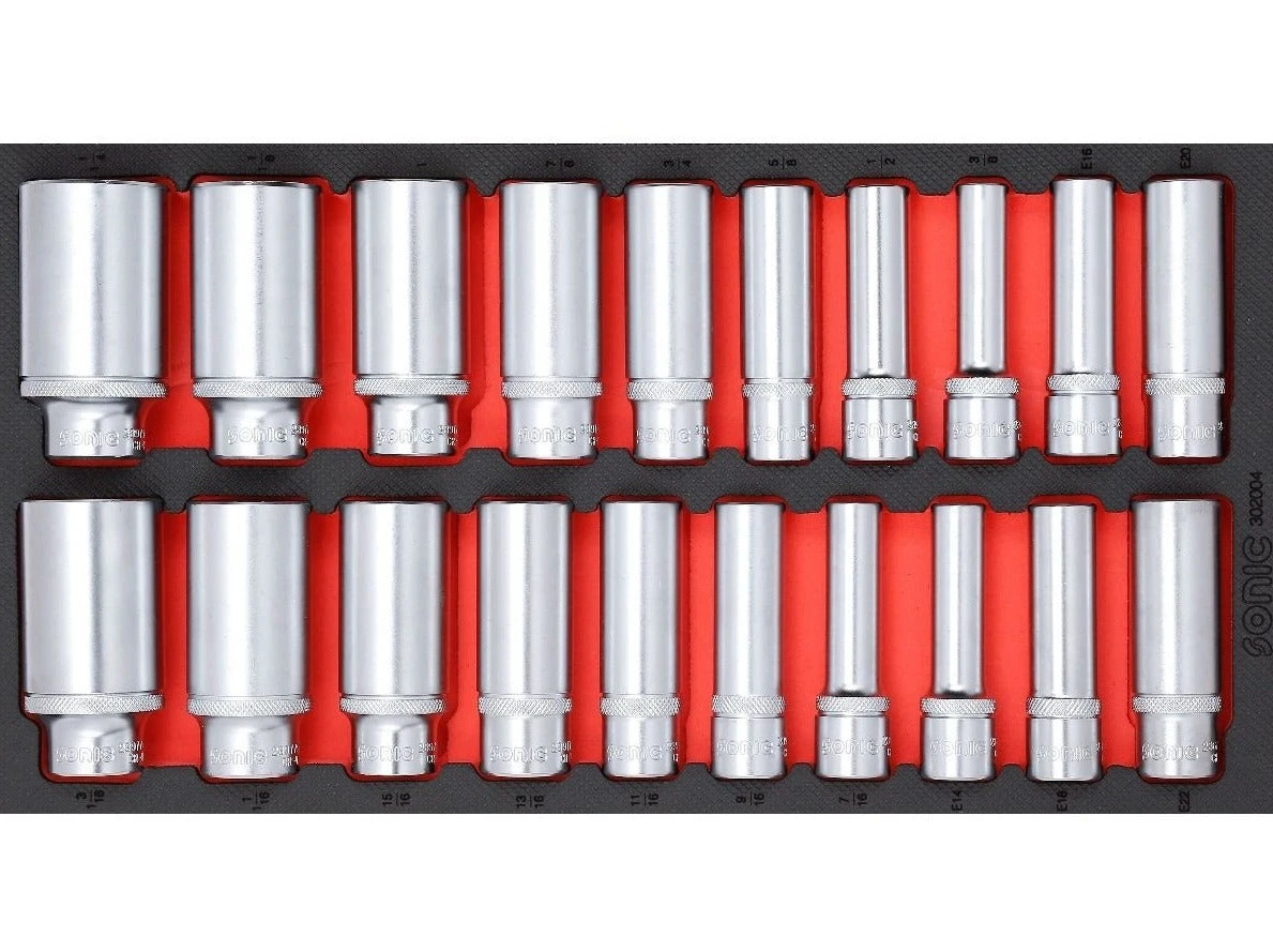 Sonic Foam System - Deep Socket Set 1/2" (SAE) - 20 Pieces - 1/3 (Small) Sonic Foam System - Deep Socket Set 1/2" (SAE) - 20 Pieces - 1/3 (Small) -Home Tool Store 302004